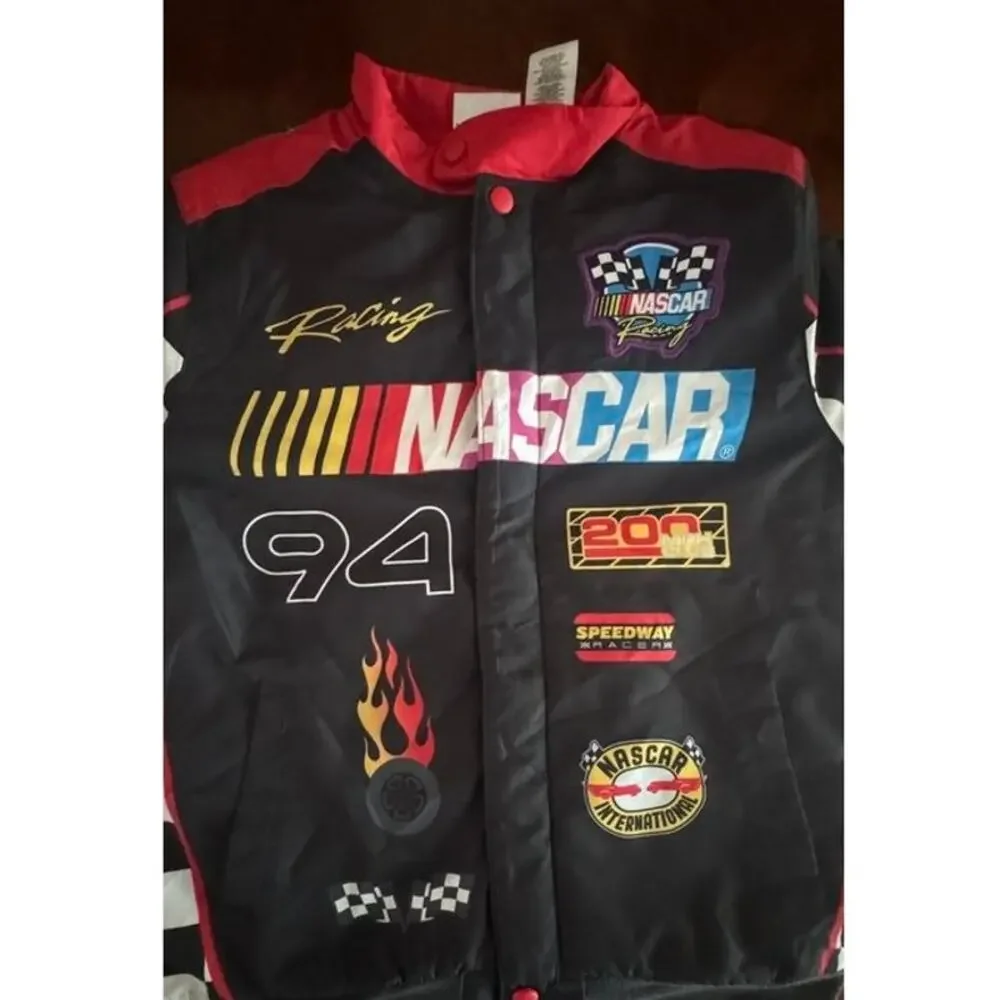 NASCAR Racing Boys 10/12 Black Red #94 Bomber Jacket Checkered Race Car